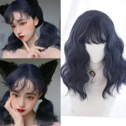 Short natural wave wig heat resistant Synthetic hair cute teen Lolita Bob wig belt bangs Cosplay wig ladies full wig Halloween Wigs