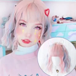 Short natural wave wig heat resistant Synthetic hair cute teen Lolita Bob wig belt bangs Cosplay wig ladies full wig Halloween Wigs