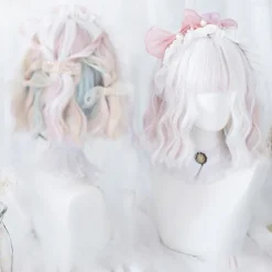 Short natural wave wig heat resistant Synthetic hair cute teen Lolita Bob wig belt bangs Cosplay wig ladies full wig Halloween Wigs