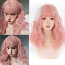 Short natural wave wig heat resistant Synthetic hair cute teen Lolita Bob wig belt bangs Cosplay wig ladies full wig Halloween Wigs