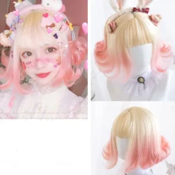 Short natural wave wig heat resistant Synthetic hair cute teen Lolita Bob wig belt bangs Cosplay wig ladies full wig Halloween Wigs