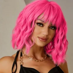 Short Pink Wigs for Women Short Wavy Hot Pink Wigs with Bangs Synthetic Pink Curly Bob Wig Curly Shoulder Length Cosplay Wig for Women Girls Colored Wigs