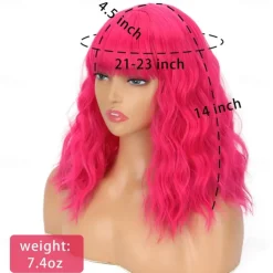 Short Pink Wigs for Women Short Wavy Hot Pink Wigs with Bangs Synthetic Pink Curly Bob Wig Curly Shoulder Length Cosplay Wig for Women Girls Colored Wigs