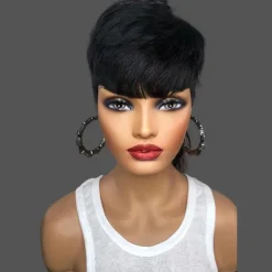 Short Pixie Cut Remy Human Brazilian Hair Glueless Wigs Wear And Go Full Machine Made Wig Straight With Bangs