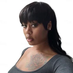 Short Pixie Cut Remy Human Brazilian Hair Glueless Wigs Wear And Go Full Machine Made Wig Straight With Bangs