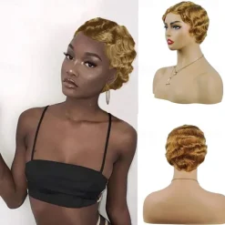 Short Pixie Cut Wigs For Black Women Mommy Brazilian Finger Ocean Wave Remy Cheap Wig For Party Halloween Wigs