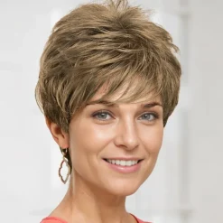 Short Pixie Wig with Richly Texturized Piecey Layers and Wispy Side-Swept Bangs / Multi-tonal Shades of Blonde and Brown