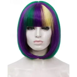 Short Purple Green Yellow Wigs for Women, 12'' Colorful Bob Hair Wig with Bangssynthetic Full Wig, Cute Colored Wigs for Mardi Gras Party Cosplay Carnival Bu027M