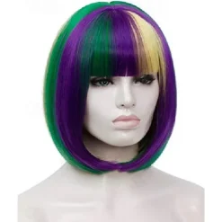 Short Purple Green Yellow Wigs for Women, 12'' Colorful Bob Hair Wig with Bangssynthetic Full Wig, Cute Colored Wigs for Mardi Gras Party Cosplay Carnival Bu027M