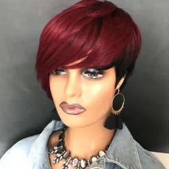 Short Red Human Hair Wigs for Black Women Pixie Cut Wig Human Hair Short Burgundy Pixie Wigs Human Hair with Bangs Ombre Red Short Pixie Human Hair 1B/99J