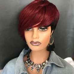 Short Red Human Hair Wigs for Black Women Pixie Cut Wig Human Hair Short Burgundy Pixie Wigs Human Hair with Bangs Ombre Red Short Pixie Human Hair 1B/99J