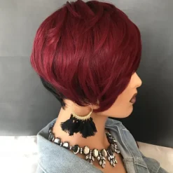 Short Red Human Hair Wigs for Black Women Pixie Cut Wig Human Hair Short Burgundy Pixie Wigs Human Hair with Bangs Ombre Red Short Pixie Human Hair 1B/99J