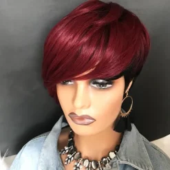 Short Red Human Hair Wigs for Black Women Pixie Cut Wig Human Hair Short Burgundy Pixie Wigs Human Hair with Bangs Ombre Red Short Pixie Human Hair 1B/99J