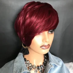 Short Red Human Hair Wigs for Black Women Pixie Cut Wig Human Hair Short Burgundy Pixie Wigs Human Hair with Bangs Ombre Red Short Pixie Human Hair 1B/99J