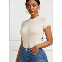 Short Sleeve Shaping Bodysuit, Tummy Control Slim Round Neck Body Shaper, Women's Underwear & Shapewear