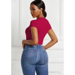 Short Sleeve Shaping Bodysuit, Tummy Control Slim Round Neck Body Shaper, Women's Underwear & Shapewear