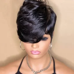 Short wave Bob wig Human hair Pixie Cut wig for women lacy front wig with bangs Layered waves Full machine made wig 1B color