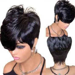 Short wave Bob wig Human hair Pixie Cut wig for women lacy front wig with bangs Layered waves Full machine made wig 1B color