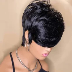 Short wave Bob wig Human hair Pixie Cut wig for women lacy front wig with bangs Layered waves Full machine made wig 1B color