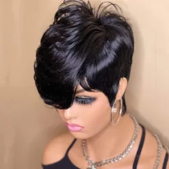 Short wave Bob wig Human hair Pixie Cut wig for women lacy front wig with bangs Layered waves Full machine made wig 1B color