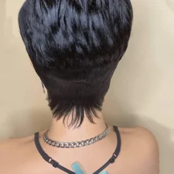 Short wave Bob wig Human hair Pixie Cut wig for women lacy front wig with bangs Layered waves Full machine made wig 1B color