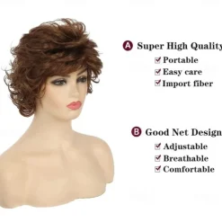 Short Wavy Brown Wigs for Women Fluffy Wavy Layered Wigs Synthetic Heat Resistant Halloween Cosplay Hair Wig with Wig CapAuburn Brown