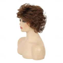 Short Wavy Brown Wigs for Women Fluffy Wavy Layered Wigs Synthetic Heat Resistant Halloween Cosplay Hair Wig with Wig CapAuburn Brown