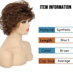 Short Wavy Brown Wigs for Women Fluffy Wavy Layered Wigs Synthetic Heat Resistant Halloween Cosplay Hair Wig with Wig CapAuburn Brown