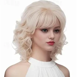 Short Wigs for Women Brunette Wavy Vintage Wig with Bangs Synthetic Shoulder Length Curly Natural Wig for Cosplay,Carnival,Daily Use Halloween Wigs