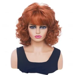 Short Wigs for Women Brunette Wavy Vintage Wig with Bangs Synthetic Shoulder Length Curly Natural Wig for Cosplay,Carnival,Daily Use Halloween Wigs