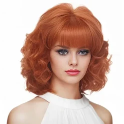 Short Wigs for Women Brunette Wavy Vintage Wig with Bangs Synthetic Shoulder Length Curly Natural Wig for Cosplay,Carnival,Daily Use Halloween Wigs