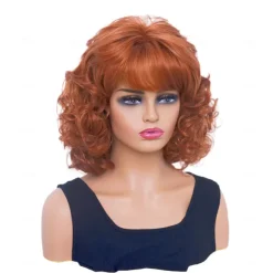 Short Wigs for Women Brunette Wavy Vintage Wig with Bangs Synthetic Shoulder Length Curly Natural Wig for Cosplay,Carnival,Daily Use Halloween Wigs