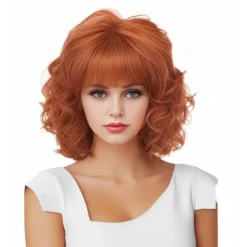Short Wigs for Women Brunette Wavy Vintage Wig with Bangs Synthetic Shoulder Length Curly Natural Wig for Cosplay,Carnival,Daily Use Halloween Wigs
