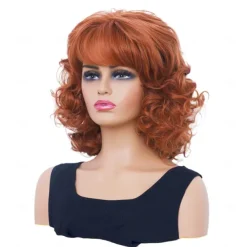 Short Wigs for Women Brunette Wavy Vintage Wig with Bangs Synthetic Shoulder Length Curly Natural Wig for Cosplay,Carnival,Daily Use Halloween Wigs