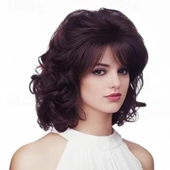 Short Wigs for Women Brunette Wavy Vintage Wig with Bangs Synthetic Shoulder Length Curly Natural Wig for Cosplay,Carnival,Daily Use Halloween Wigs