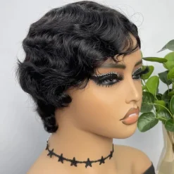 Short Wigs Human Hair Wigs For Women Pixie Cut Human Hair Finger Wave Wig Natural Color Glueless Human Hair Wig Machine Made