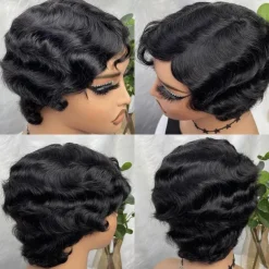 Short Wigs Human Hair Wigs For Women Pixie Cut Human Hair Finger Wave Wig Natural Color Glueless Human Hair Wig Machine Made