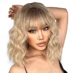 Short Wigs with Bangs Short Wigs for Women Synthetic Wavy Wig Shoulder Length Halloween Cosplay Party Wigs