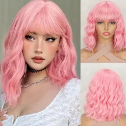 Short Wigs with Bangs Short Wigs for Women Synthetic Wavy Wig Shoulder Length Halloween Cosplay Party Wigs