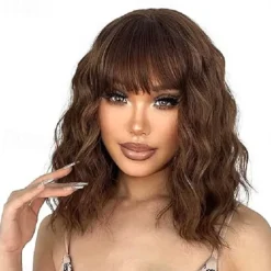 Short Wigs with Bangs Short Wigs for Women Synthetic Wavy Wig Shoulder Length Halloween Cosplay Party Wigs