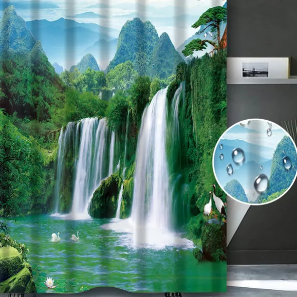 Shower Curtain with Hooks 180cm*180cm(70"*70") Polyester Washable Waterproof Landscape Waterfall Pattern