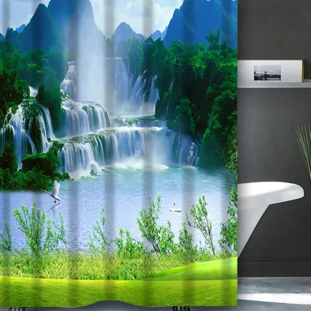 Shower Curtain with Hooks 180cm*180cm(70"*70") Polyester Washable Waterproof Landscape Waterfall Pattern