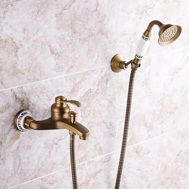 Shower Faucet / Rainfall Shower Head System Set - Handshower Included pullout Vintage Style / Country Antique Brass / Electroplated Mount Outside Ceramic Valve Bath Shower Mixer Taps / Single Handle