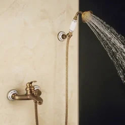 Shower Faucet / Rainfall Shower Head System Set - Handshower Included pullout Vintage Style / Country Antique Brass / Electroplated Mount Outside Ceramic Valve Bath Shower Mixer Taps / Single Handle