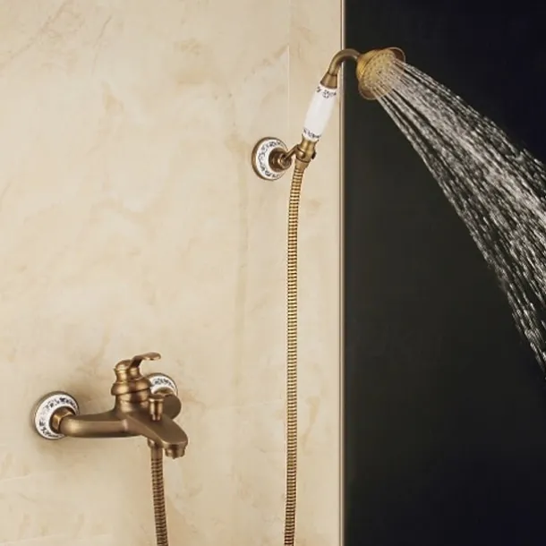 Shower Faucet / Rainfall Shower Head System Set - Handshower Included pullout Vintage Style / Country Antique Brass / Electroplated Mount Outside Ceramic Valve Bath Shower Mixer Taps / Single Handle