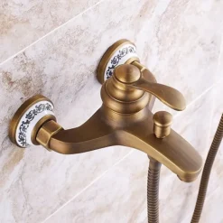 Shower Faucet / Rainfall Shower Head System Set - Handshower Included pullout Vintage Style / Country Antique Brass / Electroplated Mount Outside Ceramic Valve Bath Shower Mixer Taps / Single Handle