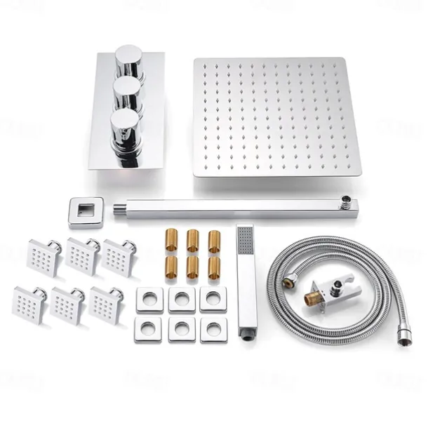 Shower Faucet,12 inch Chrome Shower Faucets Sets Complete with Brass Shower Head and Solid Brass Handshower+Wall MountedRainfall Shower Head System(Contain Bodysprays,Shower Arm,Handshower)