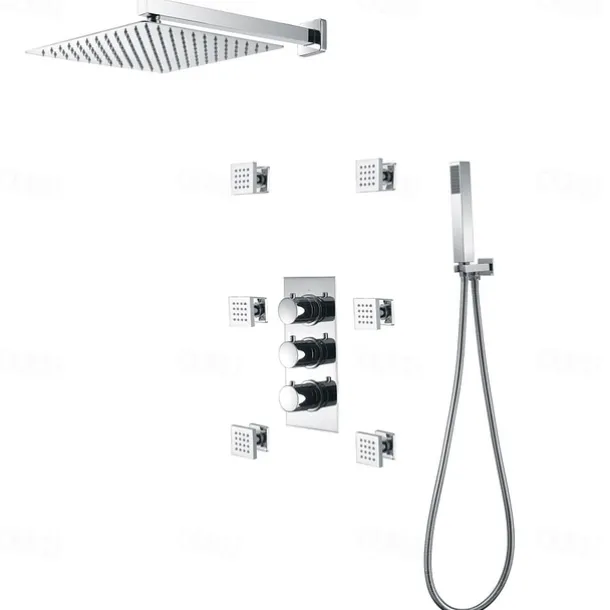 Shower Faucet,12 inch Chrome Shower Faucets Sets Complete with Brass Shower Head and Solid Brass Handshower+Wall MountedRainfall Shower Head System(Contain Bodysprays,Shower Arm,Handshower)