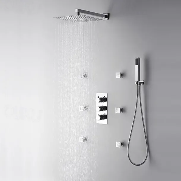 Shower Faucet,12 inch Chrome Shower Faucets Sets Complete with Brass Shower Head and Solid Brass Handshower+Wall MountedRainfall Shower Head System(Contain Bodysprays,Shower Arm,Handshower)