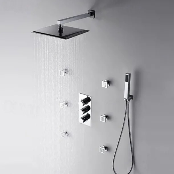 Shower Faucet,12 inch Chrome Shower Faucets Sets Complete with Brass Shower Head and Solid Brass Handshower+Wall MountedRainfall Shower Head System(Contain Bodysprays,Shower Arm,Handshower)